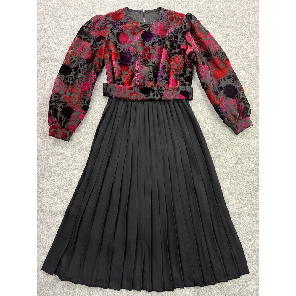 Vintage Dress Sz 6 Dark‎ Romantic Floral Crushed Velvet Pleated Belted Mavinette